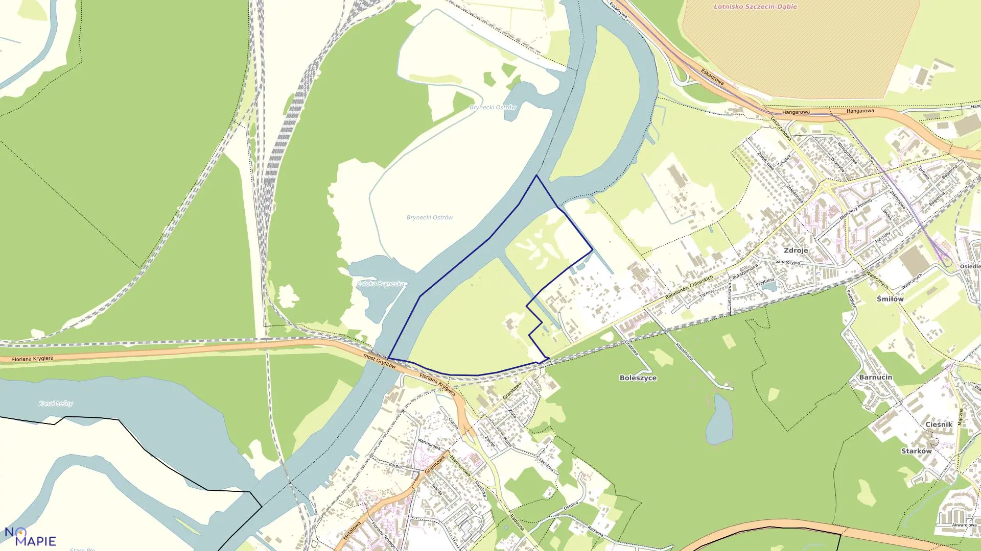 Mapa obrębu Dąbie 165 w mieście Szczecin