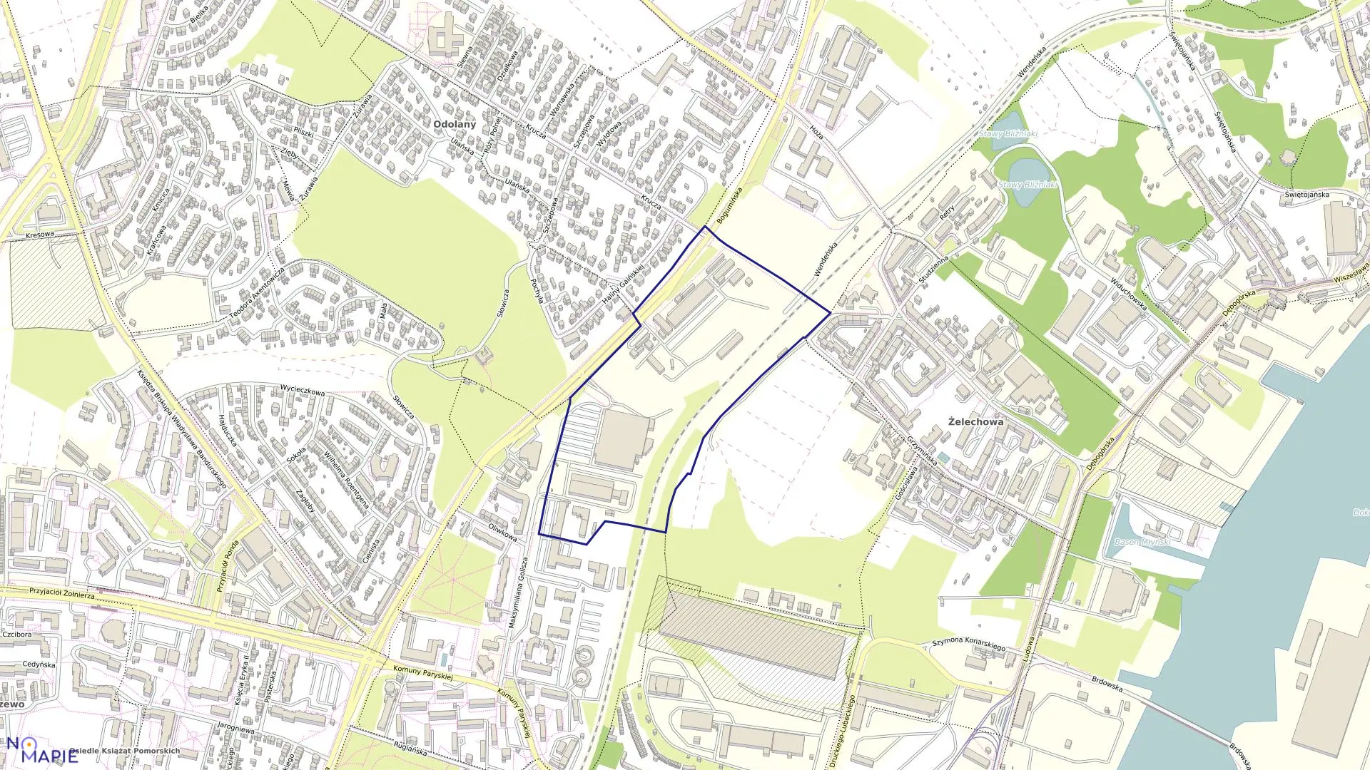 Mapa obrębu Nad Odrą 23 w mieście Szczecin